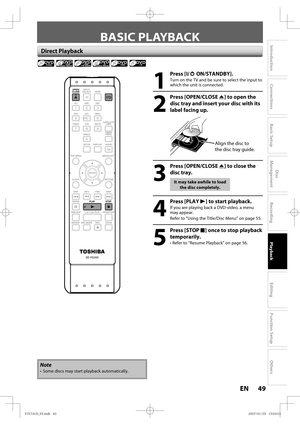 Page 4949 EN49 EN
Disc 
Management
Recording
Playback
Introduction
Connections
Basic Setup
Editing
Function Setup
Others
BASIC PLAYBACK
Direct Playback
1
 Press [I/yy ON/STANDBY].
Turn on the TV and be sure to select the input to 
which the unit is connected.
2
 Press [OPEN/CLOSE A] to open the 
disc tray and insert your disc with its 
label facing up.
Align the disc to 
the disc tray guide.
3
 Press [OPEN/CLOSE A] to close the 
disc tray.
It may take awhile to load 
the disc completely.
4
 Press [PLAY B] to...