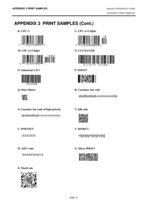 Page 107APPENDIX 3 PRINT SAMPLES ENGLISH VERSION EO1-33055 
APPENDIX 3 PRINT SAMPLES
 
EA3- 3 
APPENDIX 3  PRINT SAMPLES (Cont.) 
K: UPC-A  L: UPC-A+2 digits 
 
 
 
 
M: UPC-A+5 digits  N: UCC/EAN128 
 
 
 
 
O: Industrial 2 of 5  P: PDF417 
 
 
 
 
Q: Data Matrix  R: Customer bar code 
 
 
 
 
S: Customer bar code of high priority  T: QR code 
 
 
 
 
U: POSTNET  V: RM4SCC 
 
 
 
 
W: KIX Code  X: Micro PDF417 
 
 
 
 
Z: MaxiCode 
  
  
 
 
 
  
  