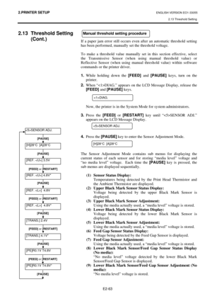 Page 76
2.PRINTER SETUP ENGLISH VERSION EO1-33055 2.13 Threshold Setting
 
E2-63 
2.13 Threshold Setting  (Cont.) 
 
 
 
 
 
 
 
 
 
 
 
 
 
 
 
 
 
 
 
 
   
 
If a paper jam error still occurs even 
after an automatic threshold setting 
has been performed, manually set the threshold voltage.   
 
To make a threshold value manually set in this section effective, select 
the Transmissive Sensor (when us ing manual threshold value) or 
Reflective Sensor (when using manual  threshold value) within software...