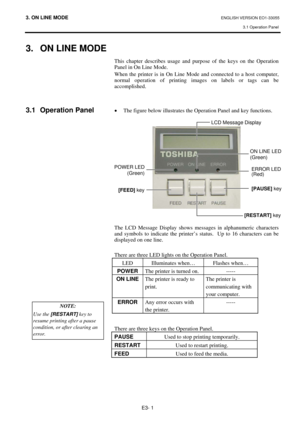 Page 803. ON LINE MODE ENGLISH VERSION EO1-33055 
3.1 Operation Panel 
 
E3- 1 
3.  ON LINE MODE 
 
 
 
 
 
3.1 Operation Panel 
 
 
 
 
 
 
 
 
 
 
 
 
 
 
 
 
 
 
 
 
 
 
 
 
 
 
 
This chapter describes usage and purpose of the keys on the Operation 
Panel in On Line Mode.  
When the printer is in On Line Mode and connected to a host computer, 
normal operation of printing images on labels or tags can be 
accomplished.  
 
 
 
• The figure below illustrates the Operation Panel and key functions....