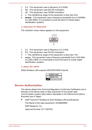 Page 1351. 2.4 : This equipment uses a frequency of 2.4GHz.
2. DS : This equipment uses DS-SS modulation.
3. OF : This equipment uses OFDM modulation.
4. 4 : The interference range of this equipment is less than 40m.
5.
 : This equipment uses a frequency bandwidth from 2,400MHz
to 2,483.5MHz. It is possible to avoid the band of mobile object
identification systems.
3. Indication for Bluetooth
The indication shown below appears on this equipment.
1. 2.4 : This equipment uses a frequency of 2.4 GHz.
2. FH : This...