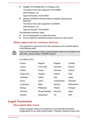 Page 136Realtek®
 RTL8188EE 802.11n Wireless LAN
The Name of the radio equipment: RTL8188EE
DSP Research, Inc.
Approval Number: D120135003
Atheros QCWB335 Wireless Network Adapter b/g/n(b/g) and
Bluetooth
The Name of the radio equipment: QCWB335
DSP Research, Inc.
Approval Number: D120156003
The following restrictions apply:
Do not disassemble or modify the device.
Do not install the embedded wireless module into other device.
Radio approvals for wireless devices This equipment is approved to the radio standard...