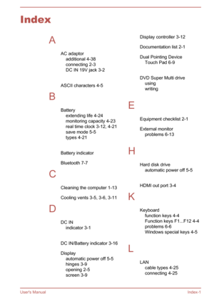 Page 140IndexAAC adaptoradditional 4-38
connecting 2-3
DC IN 19V jack 3-2
 
ASCII characters 4-5
B Batteryextending life 4-24
monitoring capacity 4-23
real time clock 3-12, 4-21
save mode 5-5
types 4-21
 
Battery indicator 
Bluetooth 7-7
C Cleaning the computer 1-13
Cooling vents 3-5, 3-6, 3-11
D DC INindicator 3-1
 
DC IN/Battery indicator 3-16
Display automatic power off 5-5
hinges 3-9
opening 2-5
screen 3-9
 Display controller 3-12
Documentation list 2-1
Dual Pointing Device Touch Pad 6-9
 
DVD Super Multi...
