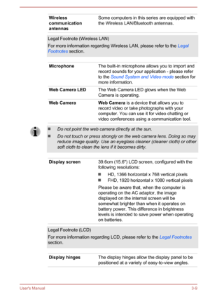 Page 38Wireless
communication
antennasSome computers in this series are equipped with the Wireless LAN/Bluetooth antennas.Legal Footnote (Wireless LAN)
For more information regarding Wireless LAN, please refer to the  Legal
Footnotes  section.MicrophoneThe built-in microphone allows you to import and
record sounds for your application - please refer
to the  Sound System and Video mode  section for
more information.Web Camera LEDThe Web Camera LED glows when the Web
Camera is operating.Web CameraWeb Camera  is a...