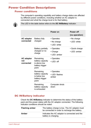 Page 45Power Condition DescriptionsPower conditions
The computer's operating capability and battery charge status are affected
by different power conditions, including whether an AC adaptor is
connected and what the charge level is for that battery.The LED in the table below refers to the  DC IN/Battery indicator.  Power onPower off
(no operation)AC adaptor
connectedBattery fully
charged• Operates
• No charge
• LED: white• No charge
• LED: whiteBattery partially
charged or no
charge• Operates
• Charge
•...