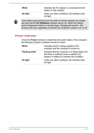 Page 46WhiteIndicates the AC adaptor is connected and the
battery is fully charged.No lightUnder any other conditions, the indicator does not light.If the battery pack becomes too hot while it is being charged, the charge
will stop and the  DC IN/Battery indicator will go out. When the battery
pack's temperature falls to a normal range, charging will resume - this
process will occur regardless of whether the computer's power is on or off.
Power indicator
Check the  Power indicator to determine the power...