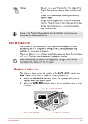 Page 49SwipeQuickly move your finger in from the edge of the
Touch Pad, without pausing when you first touch
it.
Swipe from the left edge: shows your recently
opened apps.
Swipe from the right edge: opens or closes the charms (Search, Share, Start, Devices, Settings).
Swipe from the top edge: opens or closes the
app command bar.Some of the Touch Pad operations described in this section are only
supported in certain applications.
The Keyboard
The number of keys available on your keyboard will depend on...