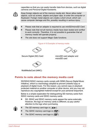 Page 77capacities so that you can easily transfer data from devices, such as digital
cameras and Personal Digital Assistants.Keep foreign objects out of the memory media slot. Never allow metal
objects, such as screws, staples and paper clips, to enter the computer or Keyboard. Foreign metal objects can create a short circuit, which cancause computer damage and fire, possibly resulting in serious injury.Please note that an adaptor is required to use miniSD/microSD Card.
Please note that not all memory media...