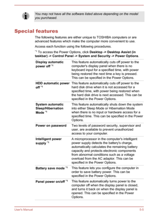 Page 91You may not have all the software listed above depending on the modelyou purchased.
Special features
The following features are either unique to TOSHIBA computers or are
advanced features which make the computer more convenient to use.
Access each function using the following procedures. *1  To access the Power Options, click  Desktop -> Desktop Assist (in 
taskbar) -> Control Panel -> System and Security -> Power Options .
Display automatic
power off  *1This feature automatically cuts off power to the...