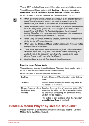 Page 99"Power OFF" includes Sleep Mode, Hibernation Mode or shutdown state.
To set Sleep and Music feature, click  Desktop -> Desktop Assist (in 
taskbar) -> Tools & Utilities -> System Settings -> Sleep and Music .
Move the slider to enable or disable the Sleep and Music function.When Sleep and Music function is enabled, it is not possible to mute
sound from the speaker even by connecting headphones to the
Headphone jack. There is also no sound from the headphone.
When Sleep and Music function is...