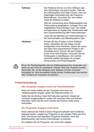 Page 122SoftwareDie Probleme können von Ihrer Software oder
dem Datenträger verursacht werden. Falls Sie
ein Softwarepaket nicht laden können, kann der
Datenträger beschädigt oder das Programm fehlerhaft sein. Versuchen Sie, eine andere
Kopie der Software zu laden.
Wird bei Verwendung eines Softwarepakets eine Fehlermeldung ausgegeben, schlagen Sie in der
mitgelieferten Dokumentation nach. Sie enthält
normalerweise ein Kapitel über Fehlersuche oder
eine Zusammenfassung aller Fehlermeldungen.
Lesen Sie als...