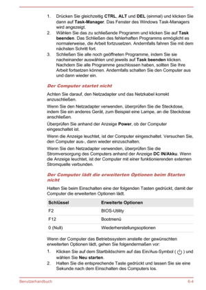 Page 1231. Drücken Sie gleichzeitig CTRL, ALT  und  DEL (einmal) und klicken Sie
dann auf  Task-Manager . Das Fenster des Windows Task-Managers
wird angezeigt.
2. Wählen Sie das zu schließende Programm und klicken Sie auf  Task 
beenden . Das Schließen des fehlerhaften Programms ermöglicht es
normalerweise, die Arbeit fortzusetzen. Andernfalls fahren Sie mit dem
nächsten Schritt fort.
3. Schließen Sie alle noch geöffneten Programme, indem Sie sie nacheinander auswählen und jeweils auf  Task beenden klicken....