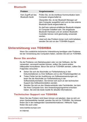 Page 136BluetoothProblemVorgehensweiseKein Zugriff auf das
Bluetooth-GerätPrüfen Sie, ob die drahtlose Kommunikation beim
Computer eingeschaltet ist.
Überprüfen Sie, ob der Bluetooth Manager auf
dem Computer ausgeführt wird und ob das externe
Bluetooth-Gerät eingeschaltet ist.
Es darf kein optional erhältlicher Bluetooth-Adapter
im Computer installiert sein. Die eingebaute
Bluetooth-Hardware und ein anderer Bluetooth-
Controller können nicht gleichzeitig verwendet
werden.
Lässt sich das Problem immer noch nicht...