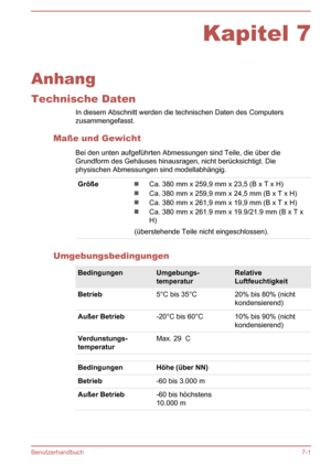 Page 137Kapitel 7
Anhang Technische Daten In diesem Abschnitt werden die technischen Daten des Computers
zusammengefasst.
Maße und Gewicht Bei den unten aufgeführten Abmessungen sind Teile, die über die
Grundform des Gehäuses hinausragen, nicht berücksichtigt. Die
physischen Abmessungen sind modellabhängig.
GrößeCa. 380 mm x 259,9 mm x 23,5 (B x T x H)
Ca. 380 mm x 259,9 mm x 24,5 mm (B x T x H)
Ca. 380 mm x 261,9 mm x 19,9 mm (B x T x H)
Ca. 380 mm x 261.9 mm x 19.9/21.9 mm (B x T x
H)
(überstehende Teile nicht...