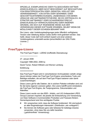 Page 15SPEZIELLE, EXEMPLARISCHE ODER FOLGESCHÄDEN HAFTBAR
(EINSCHLIESSLICH, ABER NICHT BESCHRÄNKT AUF BESCHAFFUNG VON ERSATZPRODUKTEN ODER -DIENSTEN; VERLUST DERVERWENDBARKEIT, VON DATEN ODER GEWINNEN; ODER
GESCHÄFTSUNTERBRECHUNGEN), UNABHÄNGIG VON DEREN URSACHE UND HAFTBARKEITSTHEORIE, SEI ES VERTRAGLICH, IN
STRIKTER HAFTBARKEIT ODER SCHADENERSATZRECHT (EINSCHLIESSLICH VERNACHLÄSSIGUNG ODER ANDERERGRÜNDE), DIE SICH AUF IRGENDEINE WEISE AUS DERVERWENDUNG DIESER SOFTWARE ERGEBEN, SELBST WENN DIEMÖGLICHKEIT...