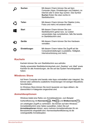 Page 34SuchenMit diesem Charm können Sie auf dem
Computer (Apps, Einstellungen und Dateien), im
Internet oder in einer App suchen. Das Symbol
Suchen  finden Sie oben rechts im
Startbildschirm.TeilenMit diesem Charm können Sie Objekte (Links,
Fotos und mehr) mit anderen teilen.StartMit diesem Charm können Sie zum
Startbildschirm gehen bzw. zur zuletzt
verwendeten App zurückkehren, falls Sie bereits
im Startbildschirm sind.GeräteMit diesem Charm können Sie Ihre Hardware
verwalten.EinstellungenMit diesem Charm...