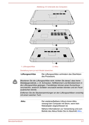 Page 46Abbildung 3-5 Unterseite des Computers1. Lüftungsschlitze2. Akku
Darstellung kann je nach Modell abweichen.
LüftungsschlitzeDie Lüftungsschlitze verhindern das Überhitzen
des Prozessors.Blockieren Sie die Lüftungsschlitze nicht. Achten Sie darauf, dass keine Metallgegenstände, z. B. Schrauben, Heftklammern und Büroklammern indie Lüftungsschlitze gelangen. Fremdkörper können einen Kurzschlussverursachen, wodurch Schäden verursacht werden könnten und ein Feuerausbrechen könnte.
Entfernen Sie die...