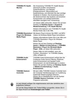 Page 98TOSHIBA PC Health
MonitorDie Anwendung TOSHIBA PC Health Monitor
überwacht proaktiv verschiedene
Systemfunktionen, zum Beispiel
Energieverbrauch, Akkuzustand und
Systemkühlung, und informiert Sie über wichtige
Zustände im System. Die Anwendung erkennt
die Seriennummern des Systems und einzelnen
Komponenten und verfolgt bestimmten
Aktivitäten bezüglich ihrer Verwendung.
Um dieses Utility aufzurufen, klicken Sie auf dem
Desktop auf  Desktop Assist -> Support & 
Wiederherstellung -> PC Health Monitor ....