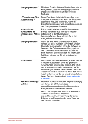 Page 100Energiesparmodus *1Mit dieser Funktion können Sie den Computer so
konfigurieren, dass Akkuenergie gespart wird. Diese können Sie in den Energieoptionen
festlegen.LCD-gesteuerte Ein-/
Ausschaltung  *1Diese Funktion schaltet die Stromzufuhr zum
Computer automatisch ab, wenn der Bildschirm
zugeklappt wird, und wieder ein, wenn der
Bildschirm aufgeklappt wird. Diese können Sie in
den Energieoptionen festlegen.Automatischer
Ruhezustand bei
Entladung des Akkus *1Reicht der Akkuladezustand für den weiteren...