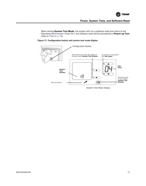 Page 21BAS-SVX44A-EN21
Power, System Tests, and Software Reset
When exitingSystem Test Mode , the system will run a software reset and return to the
Operating Home screen. If test 15=1, the software reset will be preceded by a Power-up Test
(refer to Table6, p.22).
Figure 17. Configuration button and system test mode display
Configuration Button
System Test Mode Display
System 
Test 
Number Save and move to the next higher or 
previous lower 
System Test Number Increment or Decrement 
the Test Value
Save and...
