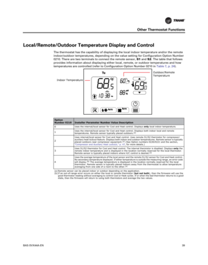 Page 39BAS-SVX44A-EN39
Other Thermostat Functions
Local/Remote/Outdoor Temperature Display and Control
The thermostat has the capability of displaying the local indoor temperature and/or the remote
indoor/outdoor temperatures, depending on the value setting for Configuration Option Number
0210. There are two terminals to connect the remote sensor,S1andS2. The table that follows
provides information about displaying either local, remote, or outdoor temperatures and how
temperatures are controlled (refer to...