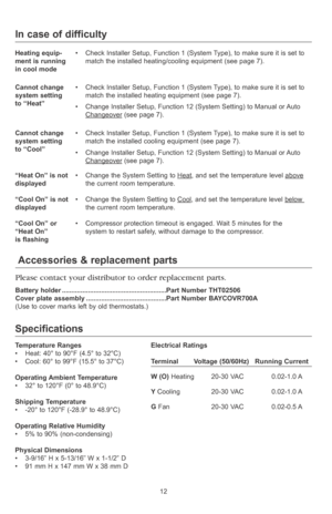 Page 14
In case of difficulty
“Cool On” or “Heat On”  is flashing
• Compressor protection timeout is engaged. Wait 5 minutes for the  system to restart safely, without damage to the compressor.
Heating equip-ment is running in cool mode
• Check Installer Setup, Function 1 (System Type), to make sure it is set to match the installed heating/cooling equipment (see page  ).
Cannot change  system setting to “Heat”
• Check Installer Setup, Function 1 (System Type), to make sure it is set to match the installed...