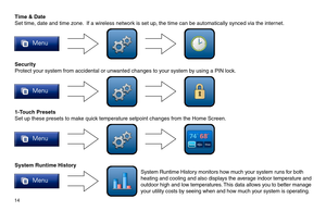 Page 1414  
1-Touch Presets
Set up these presets to make quick temperature setpoint changes from the Home Screen.
Security
Protect your system from accidental or unwanted changes to your system by using a PIN lock.
Time & Date
Set time, date and time zone.  If a wireless network is set up, the time can be automatically synced via the internet.
System Runtime History
System Runtime History monitors how much your system runs for both 
heating and cooling and also displays the average indoor temperature and...