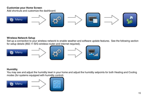 Page 15       15 
Customize your Home Screen
Add shortcuts and customize the dashboard.
Wireless Network Setup
Set up a connection to your wireless network to enable weather and software update features.  See the following section 
for setup details (802.11 B/G wireless router and internet required).
Humidity
You may see and adjust the humidity level in your home and adjust the humidity setpoints for both Heating and Cooling 
modes (for systems equipped with humidity control). 