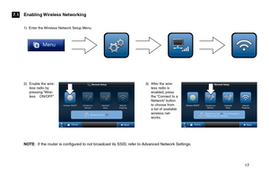 Page 17       17 
2) Enable the wire-less radio by pressing “Wire-less   ON/OFF”.
3) After the wire-less radio is enabled, press the “Connect to a Network” button to choose from a list of available wireless net-works.
Enabling Wireless  Networking7.1
1)  Enter the Wireless Network Setup Menu.
NOTE:  If the router is configured to not broadcast its SSID, refer to Advanced Network Settings. 