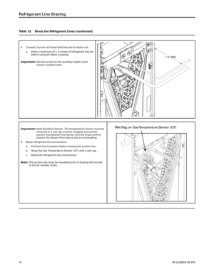 Page 26 
 
(+%&&/ 
7 DEOH  %UD]H WKH5HIU LJHUDQW /LQHV FRQWLQXHG 
 &RQQHFW EXWGRQRW EUD]H ILHOGOLQHVHWWRLQGRRU FRLO
D $OORZ DPLQLPXP RI LQFKHV RIUHIULJHUDQW OLQHVHW
EHIRUH XVLQJDQHOERZ FRXSOLQJ
,PSRUWDQW 6HUYLFHDFFHVVWRWKH DX[LOLDU\ KHDWHUPXVW
UHPDLQ
XQREVWUXFWHG 
,PSRUWDQW +HDW6HQVLWLYH 6HQVRU7KHWHPSHUDWXUH 6HQVRUPXVWEH
UHPRYHG RUDZHW UDJPXVW EHZUDSSHG DURXQGWKH
VXFWLRQ OLQHEHWZHHQ WKH6HQVRU DQGWKHEUD]H MRLQWWR
SURWHFW WKH6HQVRU IURPIDLOXUH GXHWRRYHUKHDWLQJ
 %UD]H UHIULJHUDQW...