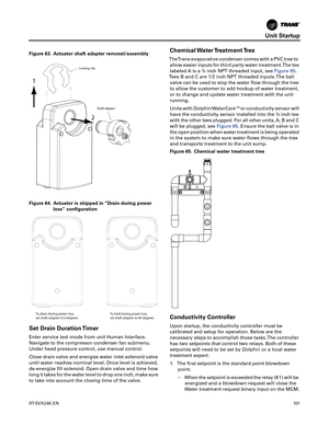 Page 101Unit Startup
RT-SVX24K-EN101
Set Drain Duration Timer
Enter service test mode from unit Human Interface.
Navigate to the compressor condenser fan submenu.
Under head pressure control, use manual control.
Close drain valve and energize water inlet solenoid valve
until water reaches nominal level. Once level is achieved,
de-energize fill solenoid. Open drain valve and time how
long it takes for the water level to drop one inch, make sure
to take into account the closing time of the valve.
Chemical Water...