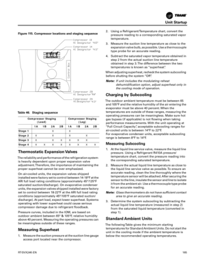 Page 165Unit Startup
RT-SVX24K-EN165
Thermostatic Expansion Valves
The reliability and performance of the refrigeration system
is heavily dependent upon proper expansion valve
adjustment.Therefore, the importance of maintaining the
proper superheat cannot be over emphasized.
On air-cooled units, the expansion valves shipped
installed were factory set to control between 14-18°F at the
ARI full load rating conditions (approximately 45°/125°F saturated suction/discharge). On evaporative condenser
units, the...