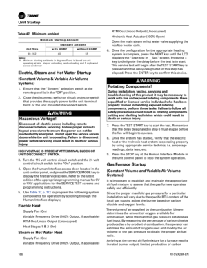 Page 166Unit Startup
166RT-SVX24K-EN
Electric, Steam and Hot Water Startup
(Constant Volume & Variable Air Volume
Systems)
1. Ensure that the “System” selection switch at the
remote panel is in the “Off” position.
2. Close the disconnect switch or circuit protector switchthat provides the supply power to the unit terminal
block or the unit mounted disconnect switch.
HIGH VOLTAGE IS PRESENT AT TERMINAL BLOCK OR
UNIT
 DISCONNECT SWITCH.
3. Turn the 115 volt control circuit switch and the 24 volt control
 circuit...