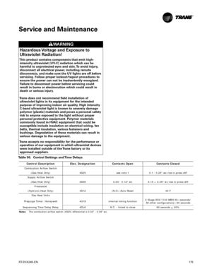 Page 175RT-SVX24K-EN175
Service and Maintenance
WARNING
Hazardous Voltage and Exposure to
Ultraviolet Radiation!
This product contains components that emit high- intensity ultraviolet (UV-C) radiation which can be
harmful to unprotected eyes and skin. To avoid injury,
disconnect all electrical power, including remote
disconnects, and make sure the UV lights are off before
servicing. Follow proper lockout/tagout procedures to
ensure the power can not be inadvertently energized.
Failure to disconnect power before...