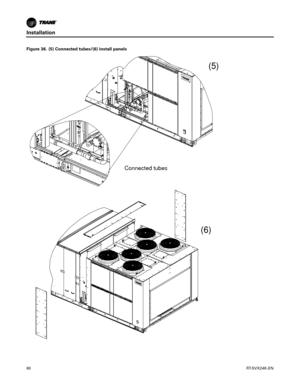 Page 60Installation
60RT-SVX24K-EN
Figure 36. (5) Connected tubes/(6) install panels
Connected tubes
(5)
(6) 