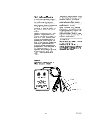 Page 123123RTAA-IOM-3
Unit Voltage Phasing
It is important that proper rotation of
the compressors be established before
the unit is started. Proper motor
rotation requires confirmation of the
electrical phase sequence of the power
supply. The motor is internally
connected for clockwise rotation with
the incoming power supply phased
A, B, C.
Basically, voltages generated in each
phase of a polyphase alternator or
circuit are called phase voltages. In a
three-phase circuit, three sine wave
voltages are generated,...