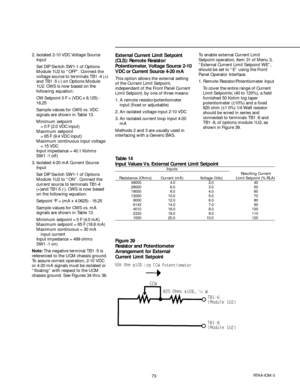 Page 7373RTAA-IOM-3
2. Isolated 2-10 VDC Voltage Source
Input
Set DIP Switch SW1-1 of Options
Module 1U2 to “OFF”. Connect the
voltage source to terminals TB1 -4 (+)
and TB1 -5 (-) on Options Module
1U2. CWS is now based on the
following equation:
CW Setpoint 0 F = (VDC x 8.125) -
16.25
Sample values for CWS vs. VDC
signals are shown in Table 13.
Minimum setpoint
= 0 F (2.0 VDC input)
Maximum setpoint
= 65 F (9.4 VDC input)
Maximum continuous input voltage
= 15 VDC
Input impedance = 40.1 Kohms
SW1 -1 off)
3....