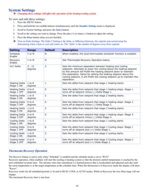 Page 1919
System Settings
 ÎChanging these settings will affect the operation of the heating/cooling system.
To view and edit these settings:
1. Press the MENU button.
2. Press and hold the two middle buttons simultaneously until the Installer Settings menu is displayed.
3. Scroll to System Settings and press the Select button.
4. Scroll to the setting you want to change. Press the plus (+) or minus (-) button to adjust the setting.
5. Press the Done button when you are finished.
 ÎNote on Delta Settings: The...