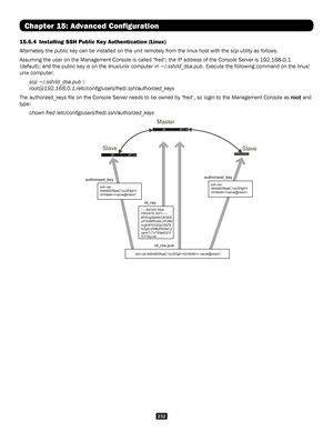 Page 232232
Chapter 15: Advanced Configuration
15.6.4  Installing SSH Public Key Authentication (Linux)
Alternately the public key can be installed on the unit remotely from th\
e linux host with the scp utility as follows. 
Assuming the user on the Management Console is called "fred"; the IP add\
ress of the Console Server is 192.168.0.1 
(default); and the public key is on the linux/unix computer in ~/.ssh/id_dsa.pub. Execute the following command on the linux/
unix computer:
scp ~/.ssh/id_dsa.pub \...