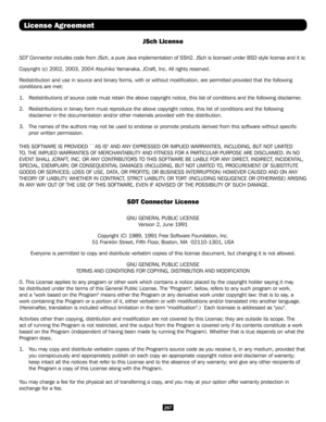 Page 267267
JSch License
SDT Connector includes code from JSch, a pure Java implementation of SSH2. JSch is licensed under BSD style license and it is:
Copyright (c) 2002, 2003, 2004 Atsuhiko Yamanaka, JCraft, Inc. All rights reserved.
Redistribution and use in source and binary forms, with or without modifi\
cation, are permitted provided that the following 
conditions are met:
1.  Redistributions of source code must retain the above copyright notice, t\
his list of conditions and the following disclaimer.
2....