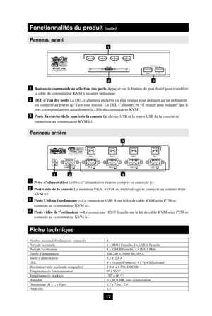 Page 171
23
3
124
17
Panneau avant
Fonctionnalités du produit (suite)
1 Bouton de commande de sélection des ports Appuyer sur le bouton du port désiré pour transférer la cible du commutateur KVM à un autre ordinateur.
2 DEL d’état des ports La DEL s’allumera en faible ou pâle orange pour indiquer qu’un ordinateur est connecté au port et qu’il est sous tension. La DEL s’allumera en vif orange pour indiquer que le port correspondant est actuellement la cible du commutateur KVM.
3 Ports du clavier/de la souris de...