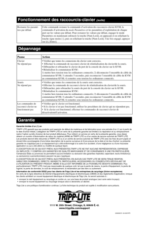 Page 2020
Dépannage
PanneAction
ClavierNe répond pas• Vérifier que toutes les connexions du clavier sont correctes.•  Effectuer la commande de raccourci-clavier de réinitialisation du clavier/de la souris.• Débrancher et rebrancher le clavier du port de la console du clavier sur le KVM.• Réinitialiser le commutateur KVM :1) mettre hors tension tous les ordinateurs connectés; 2) déconnecter l’ensemble de câble du commutateur KVM; 3) attendre 5 secondes, puis reconnecter l’ensemble de câble du KVM au commutateur...