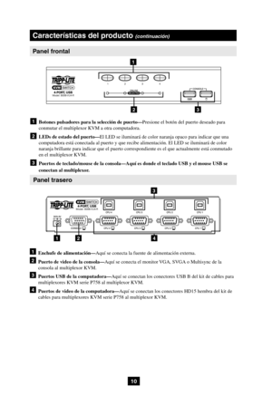 Page 101
23
3
124
10
Panel frontal
Características del producto (continuación)
1 Botones pulsadores para la selección de puerto—Presione el botón del puerto deseado para conmutar el multiplexor KVM a otra computadora.
2 LEDs de estado del puerto—El LED se iluminará de color naranja opaco para indicar que una computadora está conectada al puerto y que recibe alimentación. El LED se iluminará de color naranja brillante para indicar que el puerto correspondiente es el que actualmente está conmutado en el...