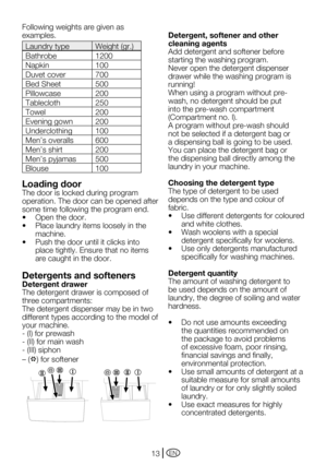 Page 13EN13
Following weights are given as 
examples. 
Laundry typeWeight	(gr.)
Bathrobe1200
Napkin100
Duvet cover700
Bed Sheet500
Pillowcase200
Tablecloth250
Towel200
Evening gown200
Underclothing100
Men’s	overalls600
Men’s	shirt200
Men’s	pyjamas500
Blouse100
Loading door
The door is locked during program 
operation. The door can be opened after 
some time following the program end.
•	 Open	the	door.
•	 Place	laundry	items	loosely	in	the	
machine.
•	 Push	the	door	until	it	clicks	into	
place tightly. Ensure...