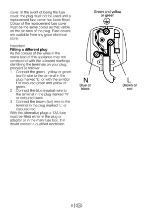 Page 8EN8
cover. In the event of losing the fuse 
cover, the plug must not be used until a 
replacement fuse cover has been fitted. 
Colour of the replacement fuse cover 
must be the same colour as that visible 
on the pin face of the plug. Fuse covers 
are available from any good electrical 
store.
Important
Fitting a different plug
As the colours of the wires in the 
mains lead of this appliance may not 
correspond with the coloured markings 
identifying the terminals on your plug, 
proceed	as	follows:
1...