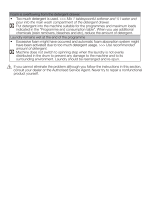 Page 33Foam is overﬂowing from the detergent drawer.
Mix 1 tablespoonful softener and ½ l water and 
pour into the main wash compartment of the detergent drawer.
  Put detergent into the machine suitable for the programmes and maximum loads 
indicated in the “Programme and consumption table”. When you use additional 
chemicals (stain removers, bleaches and etc), reduce the amount of detergent.
Laundry remains wet at the end of the programme
Use recommended 
amount of detergent.
  Machine does not switch to...
