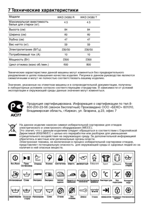 Page 1212 - RU
7 Технические характеристики
Технические	характеристики	данной	машины	могут	изменяться	без	предварительного	
уведомления	в	целях	повышения	качества	изделия.	Рисунки	в	данном	руководстве	являются	
схематичными	и	могут	не	полностью	соответствовать	вашему	изделию.
Значения,	указанные	на	этикетках	машины	и	в	сопроводительной	документации,	получены	
в	лабораторных	условиях	согласно	соответствующим	стандартам.	В	зависимости	от	условий	
эксплуатации	и	окружающей	среды	данные	значения	могут	изменяться....