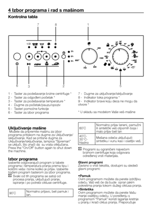 Page 1919 - SB
4 Izbor programa i rad s mašinom
Kontrolna tabla
1 - Taster za podešavanje brzine centrifuge *
2 -  Taster za odgođeni početak *
3 -  Taster za podešavanje temperature *
4 -  Dugme za početak/pauzu/opoziv
5 -  Tasteri pomoćne funkcije
6 -  Taster za izbor programa 7 - 
Dugme za uključivanje/isključivanje
8 -  Indikator toka programa *
9 -  Indikator brave koju deca ne mogu da 
otvore *
* U skladu sa modelom Vaše veš-mašine
Uključivanje mašine Možete da pripremite mašinu za izbor 
programa...