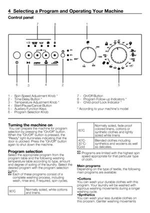Page 3131 - EN
4  Selecting a Program and Operating Your Machine
Control panel
1	-	 Spin	Speed	Adjustment	Knob	*
2	-	 Time	Delay	Button	*
3	-	 Temperature	Adjustment	Knob	*
4	-	 Start/Pause/Cancel	Button
5	-	 Auxiliary	Function	Keys
6 - Program Selection Knob 7	-	 On/Off	Button
8	-	 Program	Follow-up	Indicators	*
9	-	 Child-proof	Lock	Indicator	*
*	According	to	your	machine’s	model
Turning the machine on	You	can	prepare	the	machine	for	program	
selection	by	pressing	the	“On/Off”	button.	
When	the	“On/Off”...