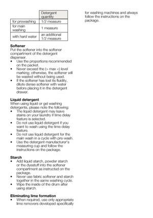 Page 45EN13
Detergent 
quantity
for prewashing 1/2 measure
for main 
washing 1 measure
with hard water an additional 
1/2 measure
Softener
Put	the	softener	into	the	softener	
compartment of the detergent 
dispenser.
•		 Use	the	proportions	recommended	 on the packet.
•		 Never	exceed	the	(>	max	